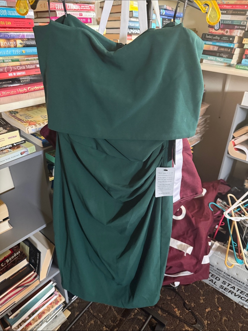 Vince Camuto Strapless Forest Green Draped Cocktail Dress